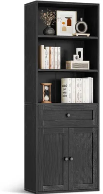 Image de Bibliothèque - Étagère de rangement - Noir - 164,2 x 48 x 23,7 cm - Avec portes et tiroirs pour la maison et le bureau