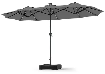 Produktbild von Doppelter Sonnenschirm, 370 x 200 cm Gartenschirm mit 108 Solar-LED-Leuchten, Marktschirm mit Kurbel, 12 Rippen & Ständer, Sonnenschutz, Terrassenschirm für Garten & Balkon
