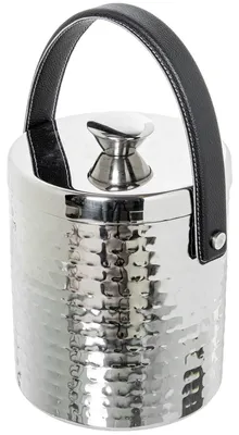 Eiswürfelbehälter aus Edelstahl, Lederhenkel, 15x15x28 cm