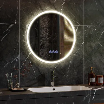 Produktbild von Koonmi runder LED Badspiegel 60 cm, dimmbar, Wandspiegel mit 3 Lichtfarben, Antibeschlagfunktion und bruchsicherem Glas für Badezimmer und Waschtisch