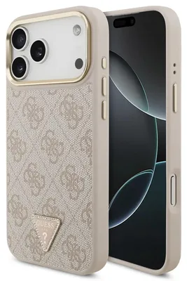 Obrázok produktu pre GuessPolyuretánkožený kryt 4G s kamienkovým trojuholníkovým logom a zlatým rámom MagSafe pre iPhone 18 Pro Max, ružový (57983131404)