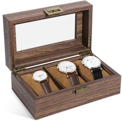 Produktbild von Horlogebox mit transparentem Deckel, Kunstleder-Box für 3 Uhren, Uhrenkasten mit Uhrenkissen