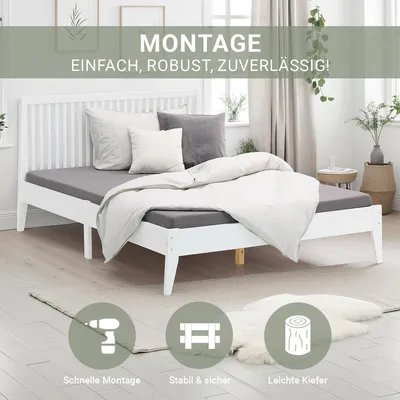 Produktbild von Homestyle4u Holzbett 140x200 mit Lattenrost Bettgestell Weiß Bettrahmen Doppelbett