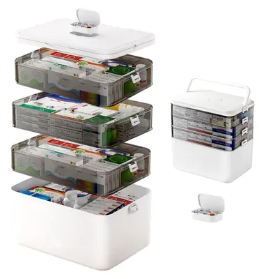 Produktbild von Medizin-Aufbewahrungsbox groß 4 Etagen Kunststoff grau tragbar leer