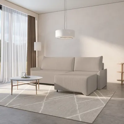 Produktbild von MOEBLO Ecksofa aus Cord – Ottomane beidseitig montierbar, Ecksofa , Couch für Wohnzimmer, Schlafsofa Sofagarnitur Sofa Eckcouch L-Form Cordstoff mit Bettkasten und Schlaffunktion - Ecksofa Rocky - Rechts, Beige (Poso 02)