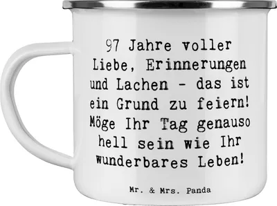 Produktbild von Mr. & Mrs. Panda Teetasse Spruch 97. Geburtstag - Weiß - Geschenk, Geburtstagsgeschenk, wunderbares Leben, Wertschätzung, Pott, Emaille Becher, Haferl, Happy Birthday