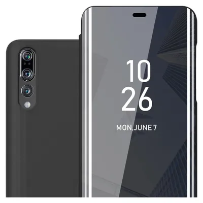 A smartphone with a flip case is shown, with the case open to reveal the time and date on the screen.