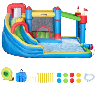 Produktbild von Outsunny Hüpfburg, Aufblasbare Hüpfburg, Wasserpark mit Wasserrutsche, Bunt