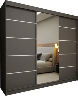 Produktbild von Masseno Schiebetürenschrank MIRELLA 240 cm Kleiderschrank Schlafzimmer Schrank 3-türig mit Spiegel Grau