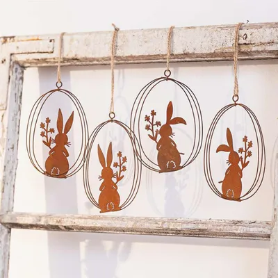 Produktbild von 4x Dekohänger "Osterhase" aus Metall in Rost Optik, 10 x 14 cm, Osterdeko, Hängedeko, Hase in Osterei