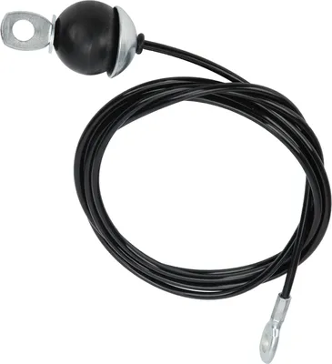 A gym cable wire with a black ball and metal attachments on a white background.