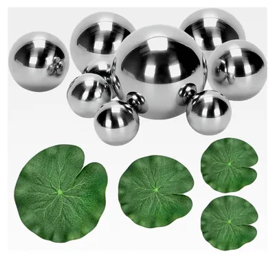 Produktbild von 9er Dekokugel Schwimmkugeln aus Edelstahl mit 4 Lotusblättern für Teich und Garten