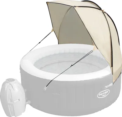 A beige sunshade canopy is attached to a white inflatable hot tub. A white pump is visible to the left of the hot tub.