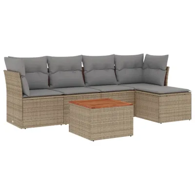 Produktbild von Modulares Garten-Sofa-Set, 6-teilig, für Terrasse & Balkon, aus UV-beständigem Poly Rattan, mit Akazienholz-Tisch & abnehmbaren Kissen, Beige/Hellgrau
