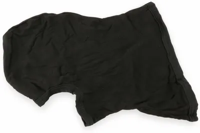 A black balaclava is laid out on a white background.