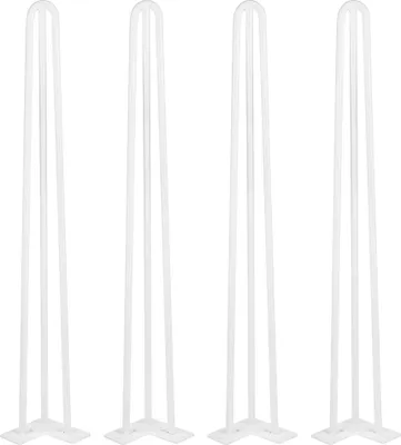 Four white hairpin table legs are arranged in a line against a white background.