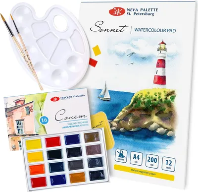 Produktbild von Sonnet essentielles Aquarellfarben-Set | 16 Aquarellfarben, Malblock, Palette und Pinsel | Made by Nevskaya Palitra