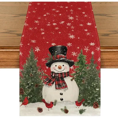 Obrázok produktu pre Vianočná dekorácia na stôl, motív snehuliaka a vtákov, červená, 40x100 cm, polyester