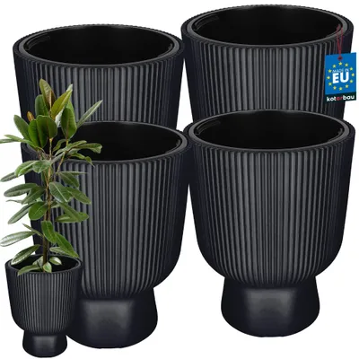 Produktbild von KOTARBAU® 4er Set Blumentopf ⌀ 39cm Orchideentopf Übertopf mit Innentopf Pflanzentopf mit Sockel Geriffelt Kelchform Pflanzkübel aus Kunststoff Anthrazit