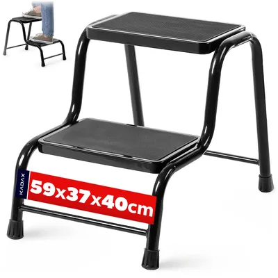 Produktbild von KADAX Tritthocker 2-stufig aus Aluminium, rutschfeste Stufen, stabil bis 150 kg, Klapptritt/Haushaltshocker für Küche, Haushalt & Büro, KI-generiertes Bild