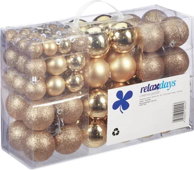 Zdjęcie produktu dla Relaxdays – zestaw 100 bombek choinkowych, dekoracje świąteczne, matowe, błyszczące, brokatowe, bombki choinkowe 3, 4 i 6 cm, kolor szampanowy