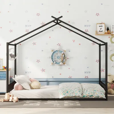 Produktbild von Flieks Kinderbett Hausbett 140x200cm, Bodenbett Doppelbett für Kinder mit Lattenrost, Spielbett Eisenbett für Kinderzimmer, Schwarz
