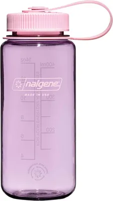 A close-up studio shot of a purple Nalgene water bottle with a pink lid and strap.