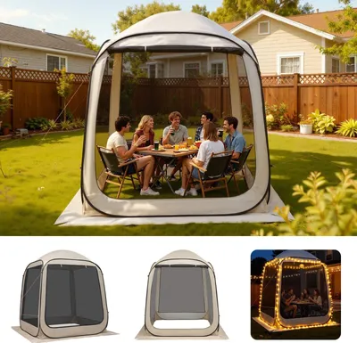 Immagine prodotto di Tenda pop-up - Gazebo/tenda per feste - Dimensioni: 183 x 183 x 219 cm - Per 4-6 persone - Pareti laterali in rete - Con borsa per il trasporto e picchetti - Per giardino, terrazza e campeggio - Beige
