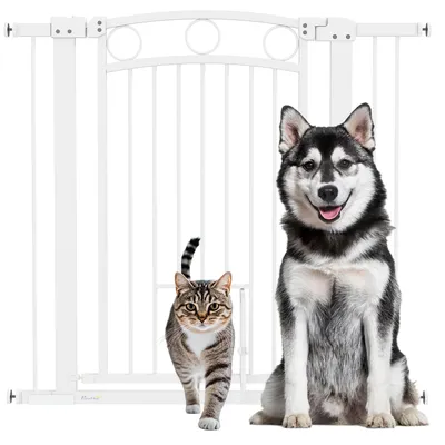 Produktbild von PawHut Türschutzgitter für Hunde 76-104cm Treppengitter mit Katzentür, Weiß