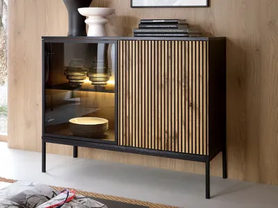 Produktbild von GrainGold Kommode Deo - Kommode mit Türen - Sideboard, TV-Kommode, LED-Beleuchtung, Kommode mit Glas - Kommode Graphit, Eiche Wotan