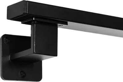 A close-up view of a black metal handrail bracket and a section of the handrail, mounted on a white background.