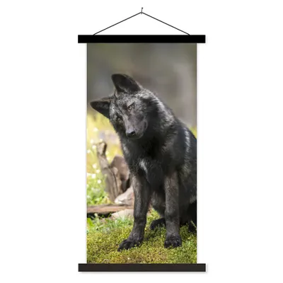 Produktbild von MuchoWow® Textilposter Wolf - Schwarz - Gras 90x180 cm mit schwarzem Rahmen - Dekoration Wohnzimmer