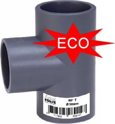 A gray PVC T-fitting with a red starburst overlay that says 'ECO'.