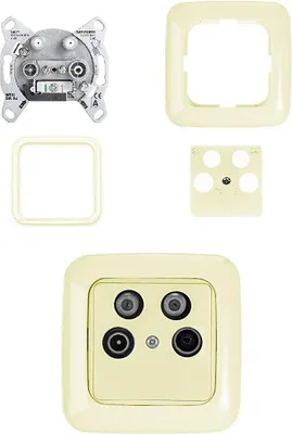Produktbild von BUSCH JÄGER Komplettset/Antennensteckdosen-Einsatz 4-Loch Radio/TV/SAT z.B. für TWIN Receiver CATV (**) ASTRO + Rahmen, Adapterring und Abdeckung in DURO2000 cremeweiß