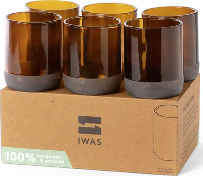Produktbild von IWAS Upcycling Kurze Auburn Trinkgläser - 250 ml - Set von 6 - Nachhaltige Wassergläser - Umweltfreundlich - Braune Gläser für Zuhause