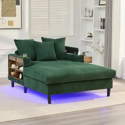 Immagine prodotto di Divano letto LVHOM con luci LED e porte USB, chaise longue con portabicchieri e vano portaoggetti, ampio divano singolo con portata fino a 300 kg, 3 cuscini inclusi, 129x170 cm, verde