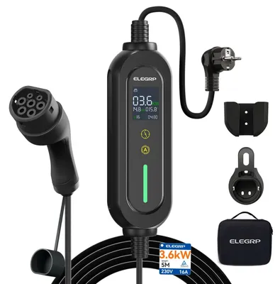 Image de Borne de recharge mobile 3,6 kW - Charge monophasée - Câble de 5 mètres - Connecteur Type 2 - Chargeur pour véhicule électrique