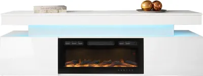 Produktbild von MIRJAN24 TV-Lowboard EF 2D Glossa mit Kamin, Realistische LED-Flamme, TV-Schrank, Wohnzimmer RTV (Farbe: Weiß / Weiß Hochglanz)