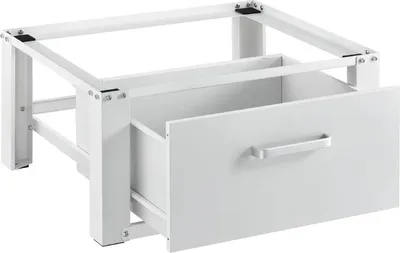 A white metal cabinet with a drawer, designed to be placed under a washing machine.
