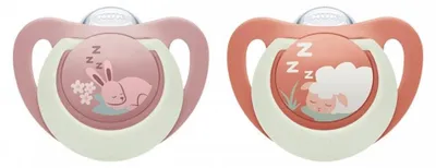 Image de Sucette NUK First Choice Night 6-18 mois, lot de 2 (lapin/mouton), taille 6-18 mois