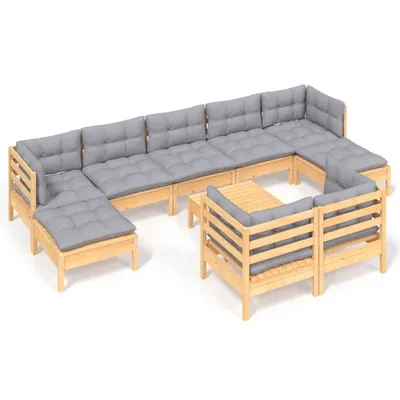 Produktbild von 10-tlg. Garten-Lounge-Set mit Grauen Kissen Kiefer Massivholz