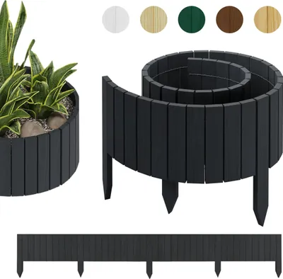 A product image showcasing garden borders in various colors and styles, including a spiral design and a straight border, along with a planter with plants.