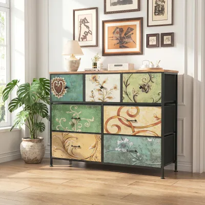 Image de Commode INONEFT avec 7 tiroirs, meuble de rangement avec tiroirs en tissu, motif floral vintage, commode en tissu pour chambre, couloir, entrée