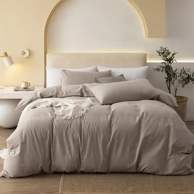 Produktbild von Bettwäsche Set 200x200 cm Baumwolle Braun Khaki Taupe 3-teilig mit Reißverschluss