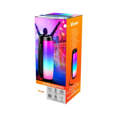 A product box for a Vakoss portable speaker, featuring an image of the speaker with colorful lights and a silhouette of a person with arms raised.