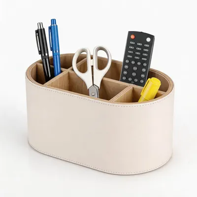 Schreibtisch-Organizer aus Leder und Holz, 5 Fächer, weiß