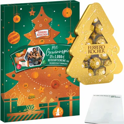 Produktbild von Ferrero Rocher Weihnachtsbundle: Küsschen Adventskalender 200g + Rocher Tanne 150g Packung + usy Block