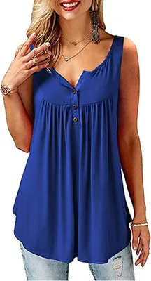 Produktbild von ASKSA Damen Tank Top Ärmellose V-Ausschnitt T-Shirt Knopfleiste Solide Tunika Bluse, Blau, XXL