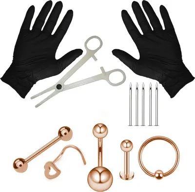 Obrázok produktu pre Súprava nástrojov z nehrdzavejúcej ocele na prepichnutie tela Piercing šperky Set Lip Nose Ear Navel Button Rings Non-Rusting Non-Fading s otváracími kliešťami Piercing Needles Rukavice