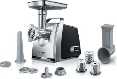 A Bosch meat grinder with various attachments is displayed on a white background.